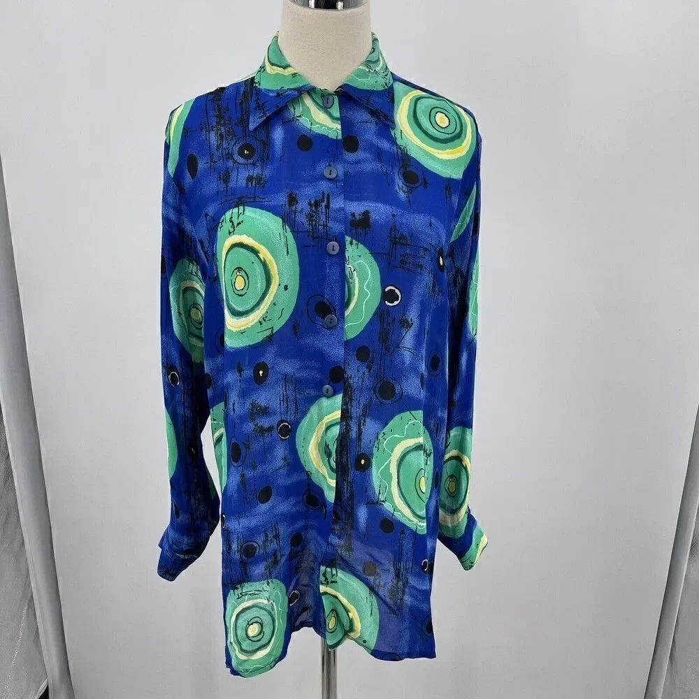 Dadier Parakian womans top S long sleeve button up silky geometric print blue